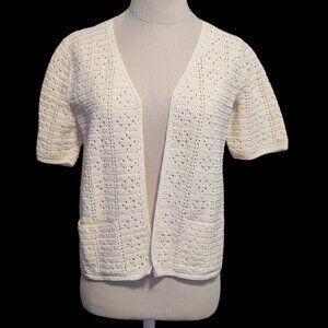 Vintage Cream Crochet Cardigan Cottagecore Lace Knit Boho Coastal Grandma Medium